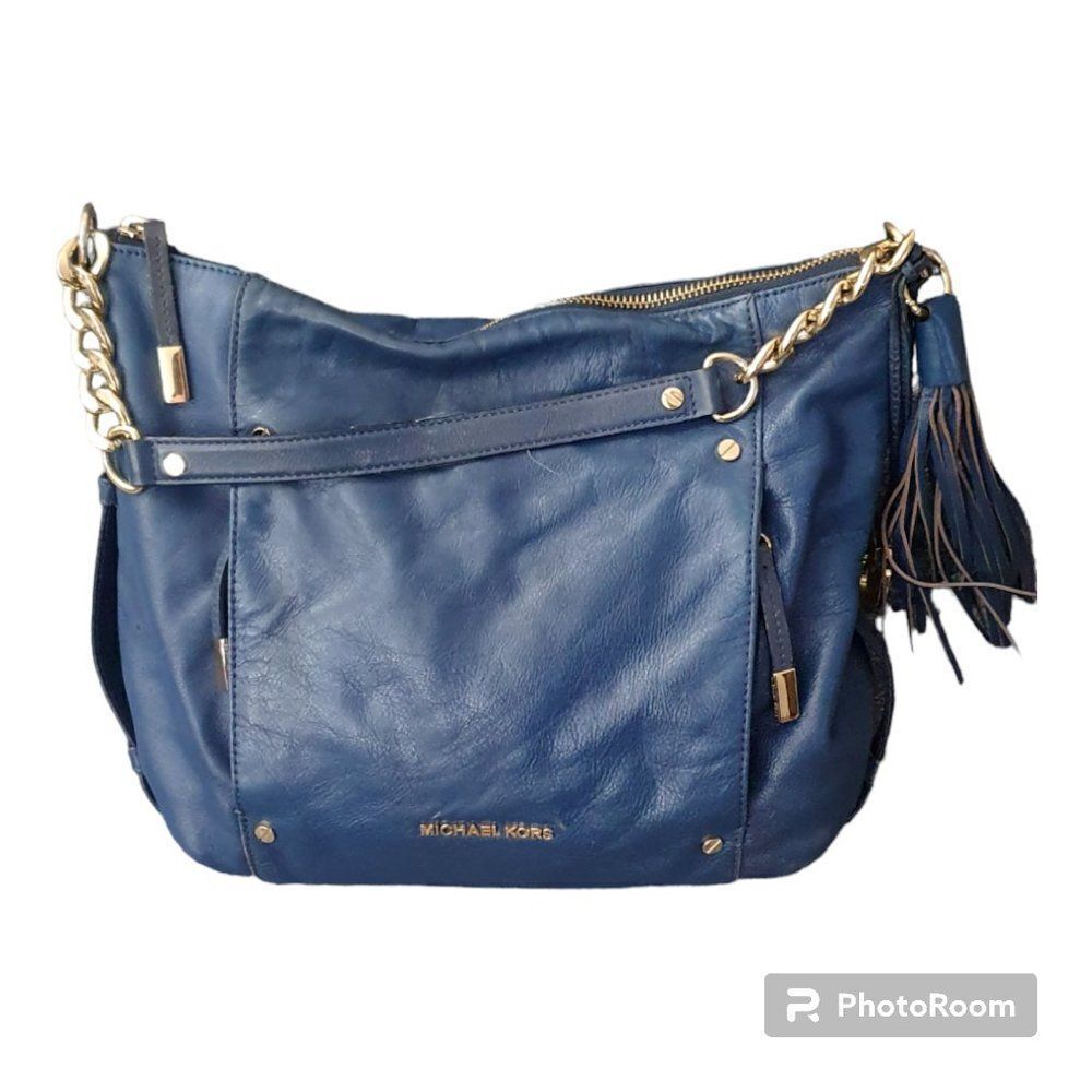 MICHAEL KORS BLUE LEATHER GOLD CHAIN DEVON LARGE SHOULDER TOTE BAG PURSE - Picture 5 of 16